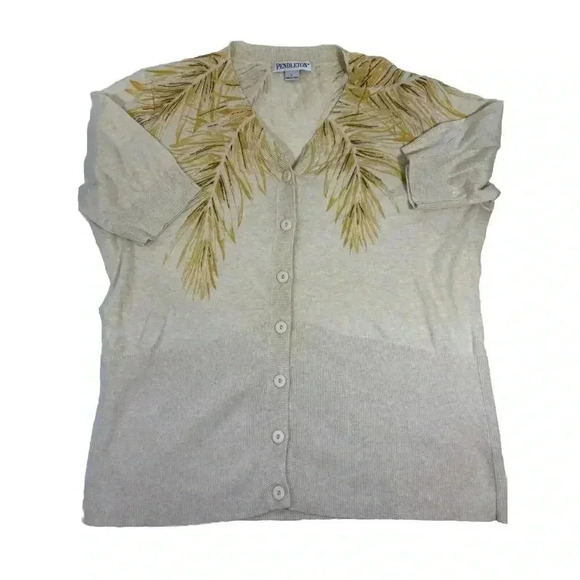 Pendleton Large cotton Leaf pattern knit short sleeve button down cardigan - Picture 1 of 5